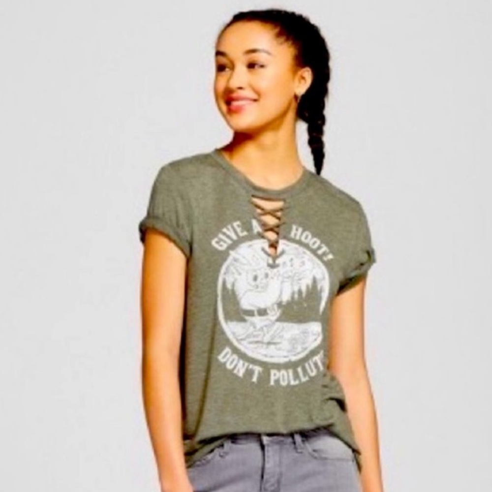Women’s Olive Green Graphic Lace-Up Short Sleeve Tee
